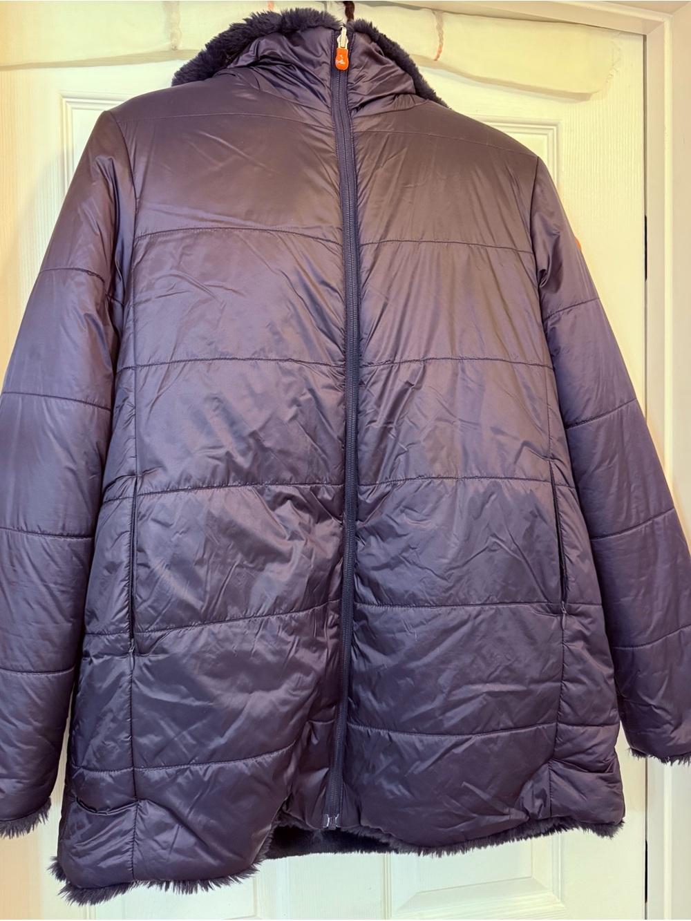 SAVE THE DUCK Navy Blue Reversible Hooded Puffer Coat, Women’s Size 3/US L